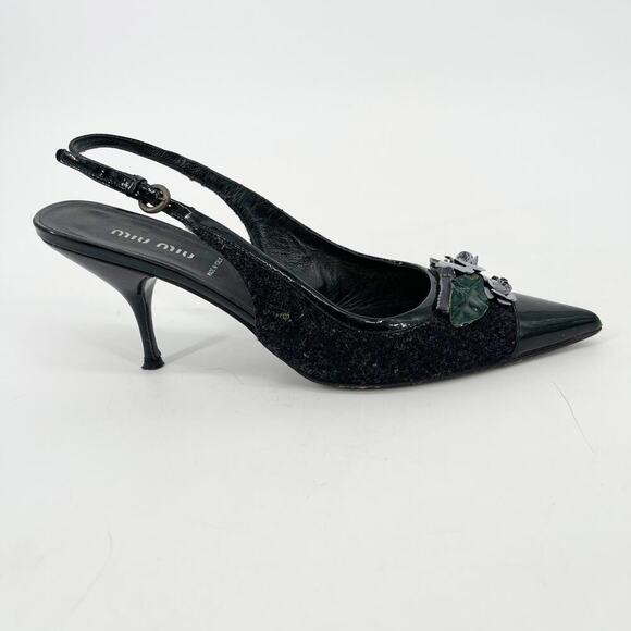Miu Miu Vintage Charcoal Wool Black Cap Toe Floral Applique Slingback Heel IT 38 - Picture 2 of 13